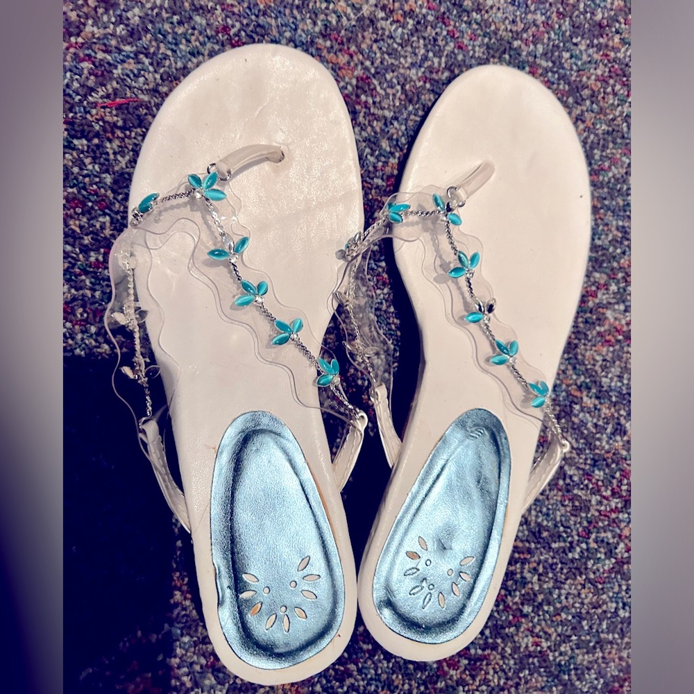 Blue Cats Eye Floral Crystal Bead Clear Strap Sandal Dress Shoe Kitten Heel 7 8